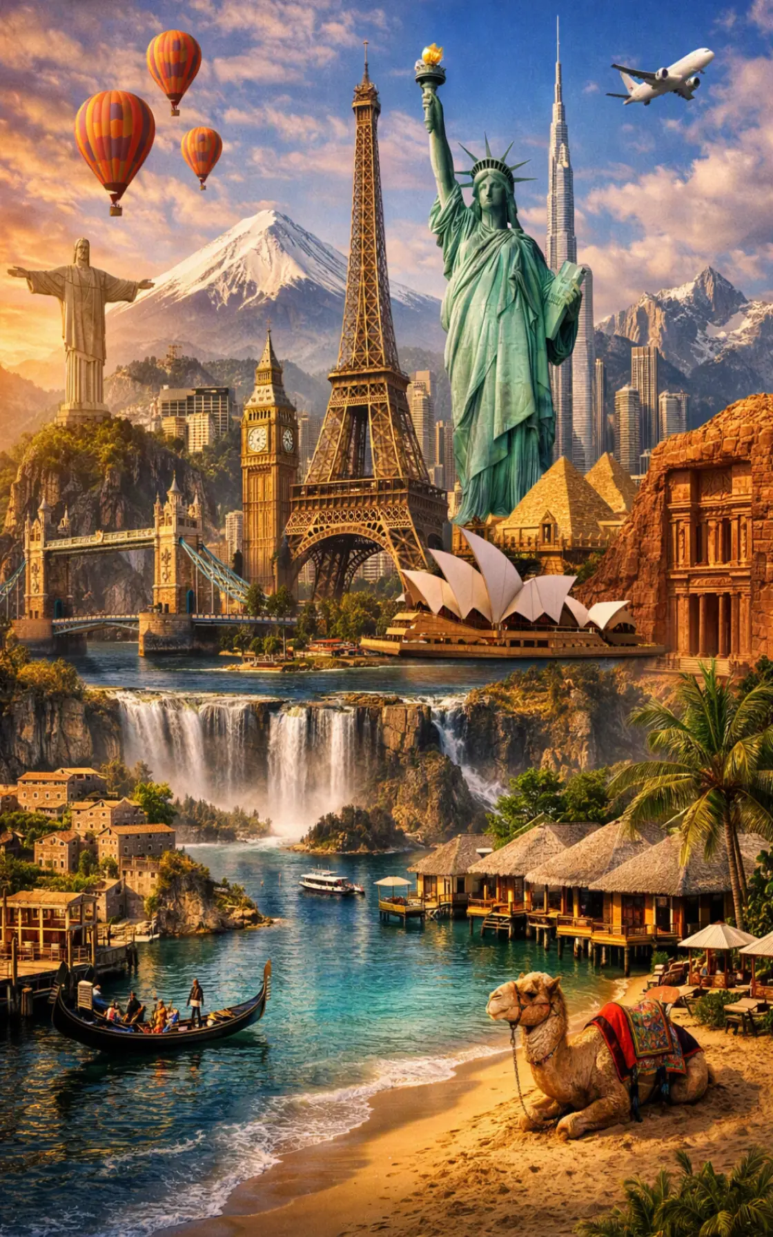 Illustrated world travel collage representing destinations, landmarks, landscapes and cultural journeys featured by UniqueWorldz